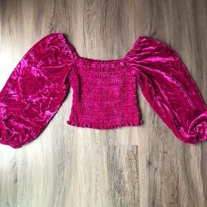 Anthropologie Velvet Puff Sleeve Smocked Top Size S Dark Pink Fairy Hippie Boho